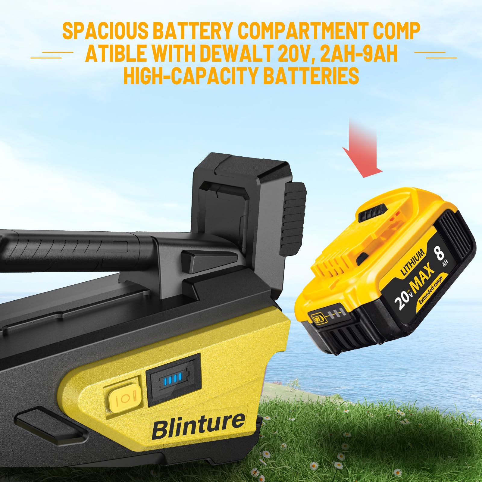 Blinture transfer pump battery compartment shows capacity up to 9Ah