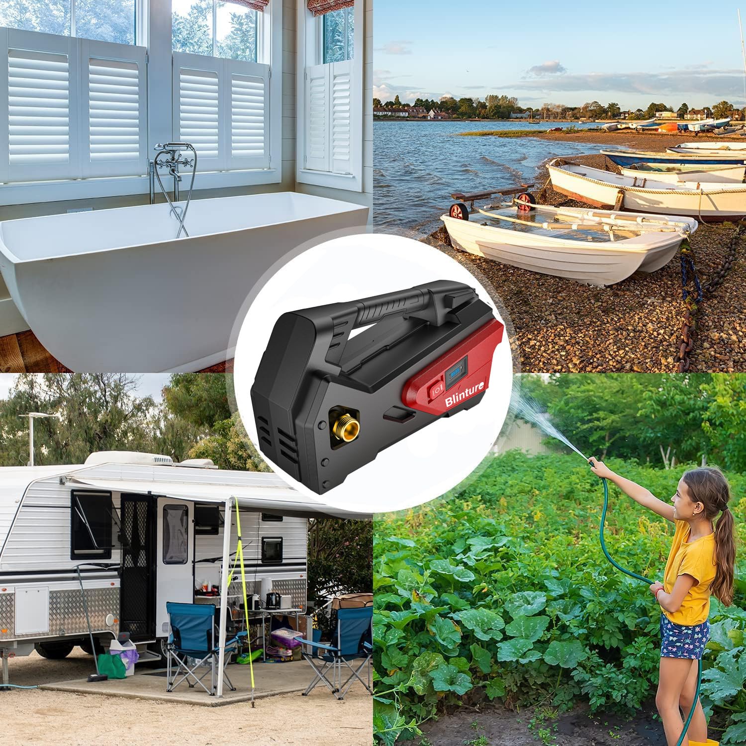 Blinture water-transfer pump in use, ideal for boats, RVs, and garden tasks.