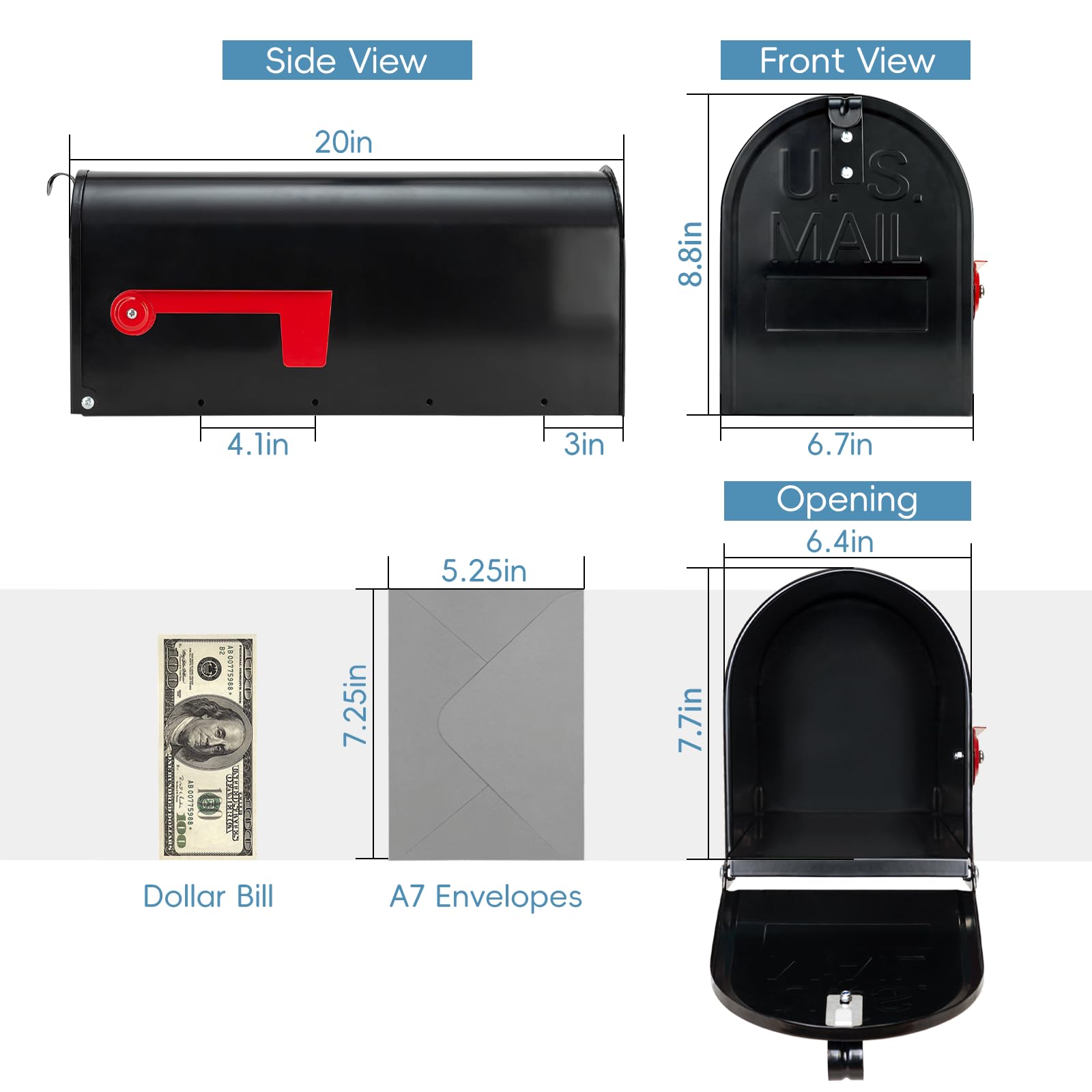 BlissBoard black metal mailbox front view highlights durable exterior and capacity.