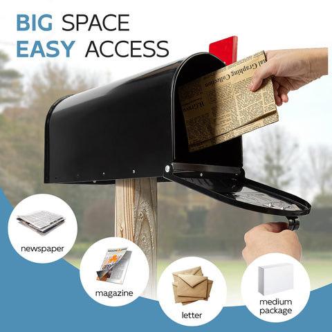 BlissBoard black metal mailbox interior reveals ample space for letters and magazines.