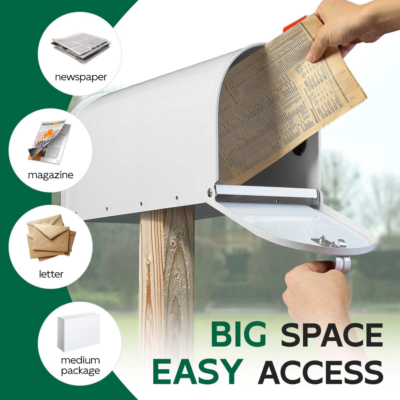 BlissBoard white mailbox with wide opening for daily mail and small packages.