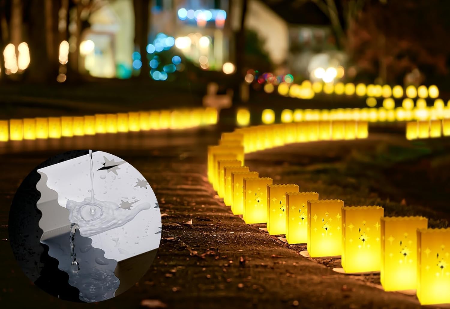 BlissfulTie luminary bags illuminate garden paths and driveways warmly.