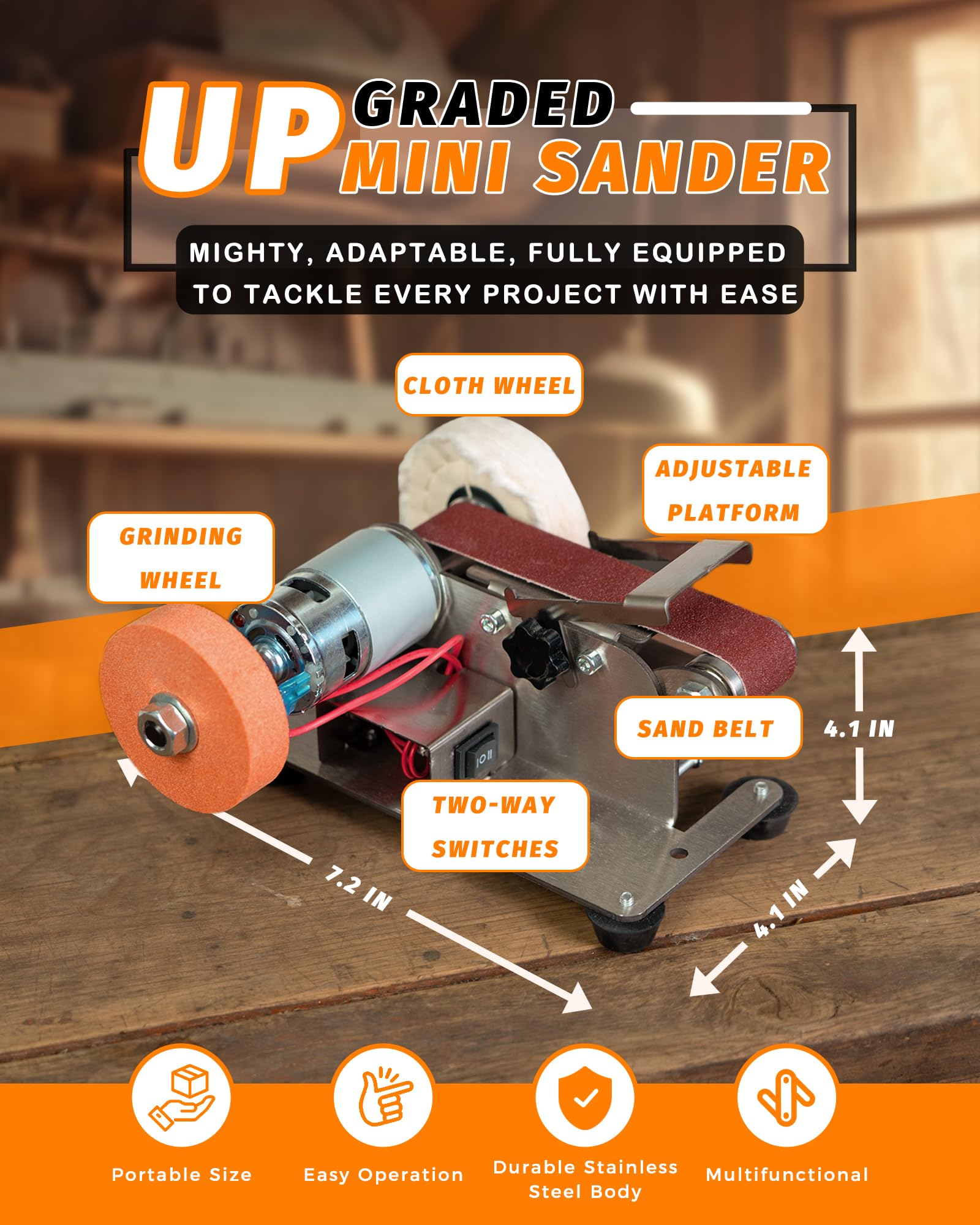Blissthrill Mini Belt Sander adjustable speed control enables versatile material handling.