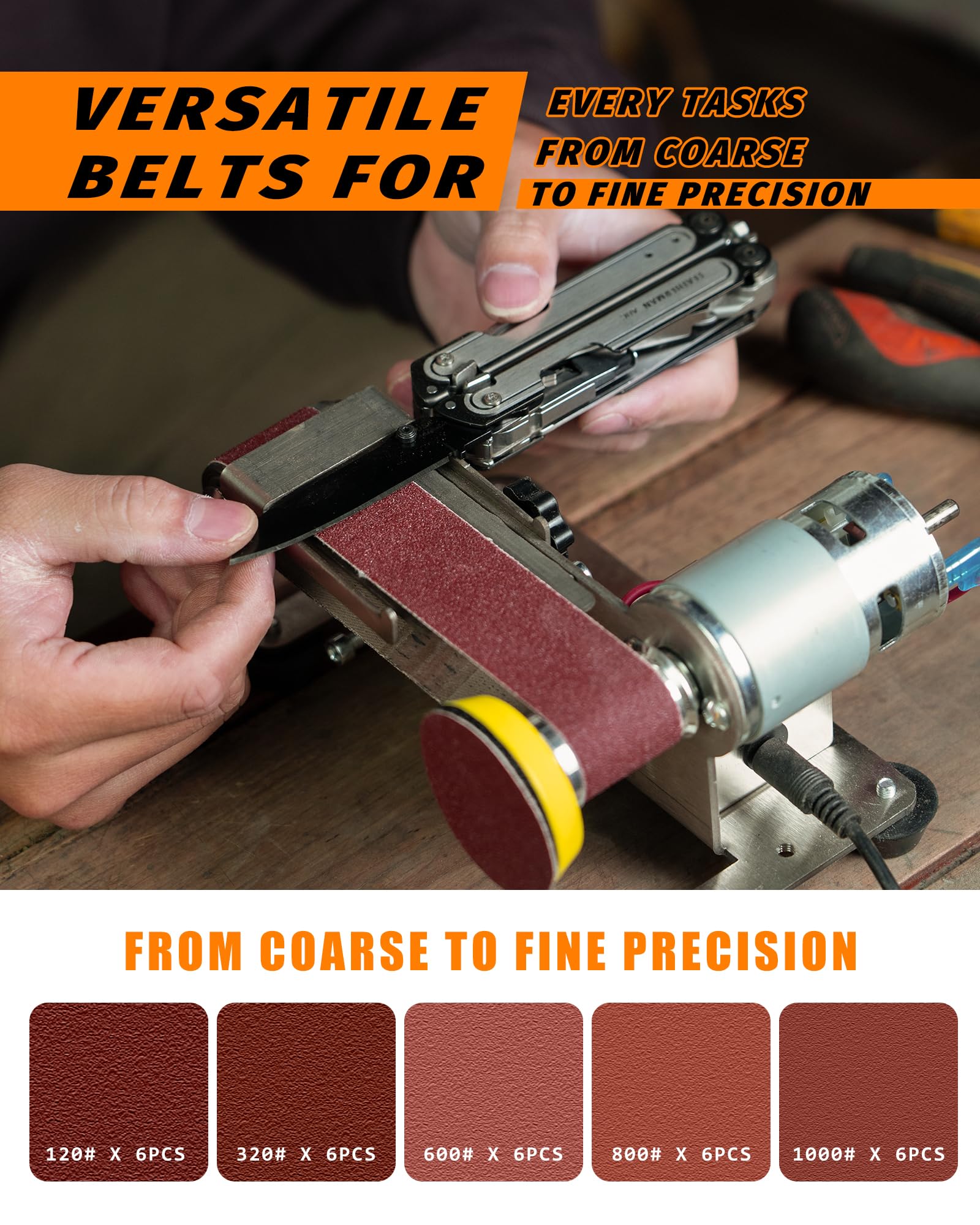 Blissthrill Mini Belt Sander comprehensive abrasives set for multiple tasks.