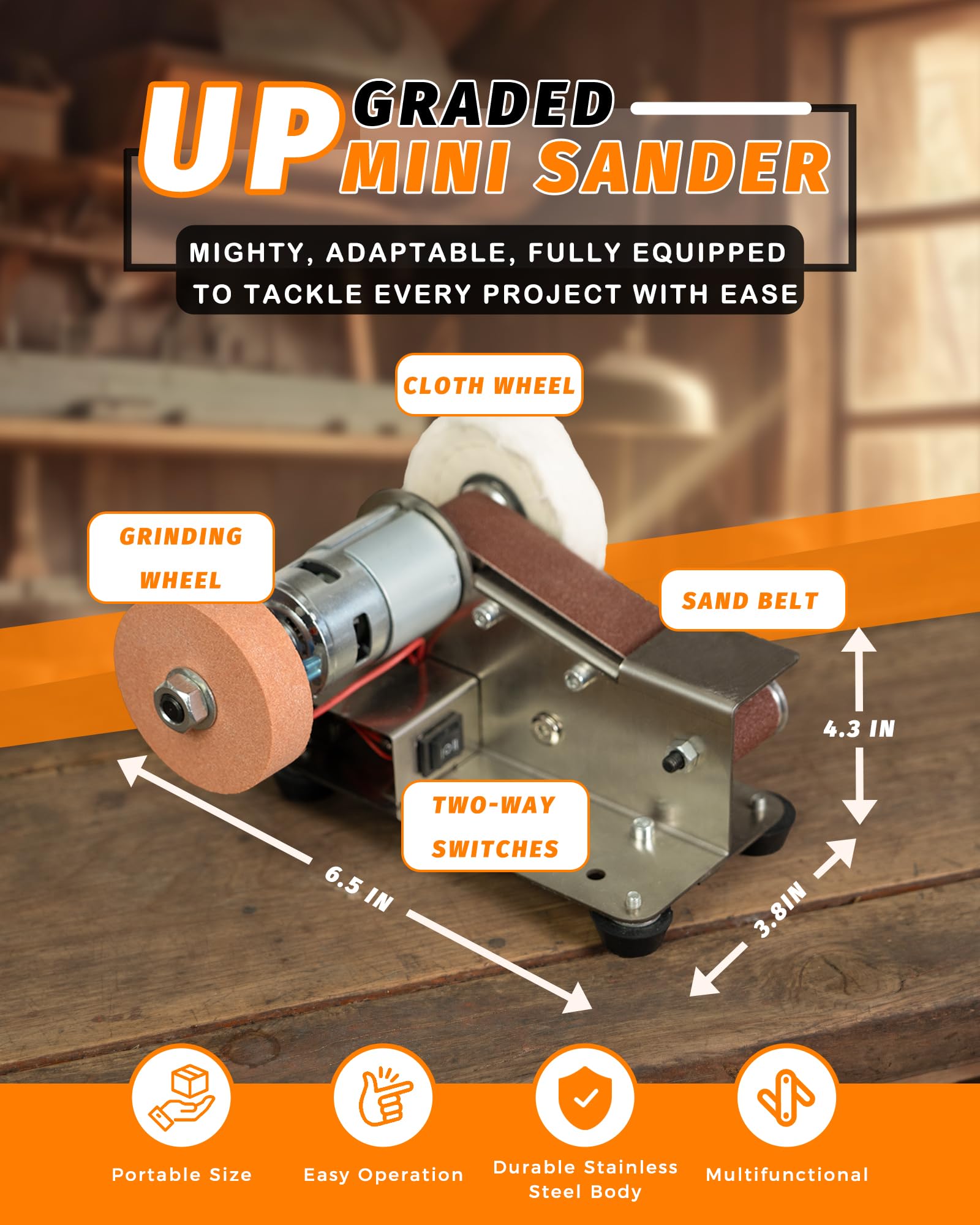 Blissthrill Mini Belt Sander side view showing stainless steel body and compact footprint