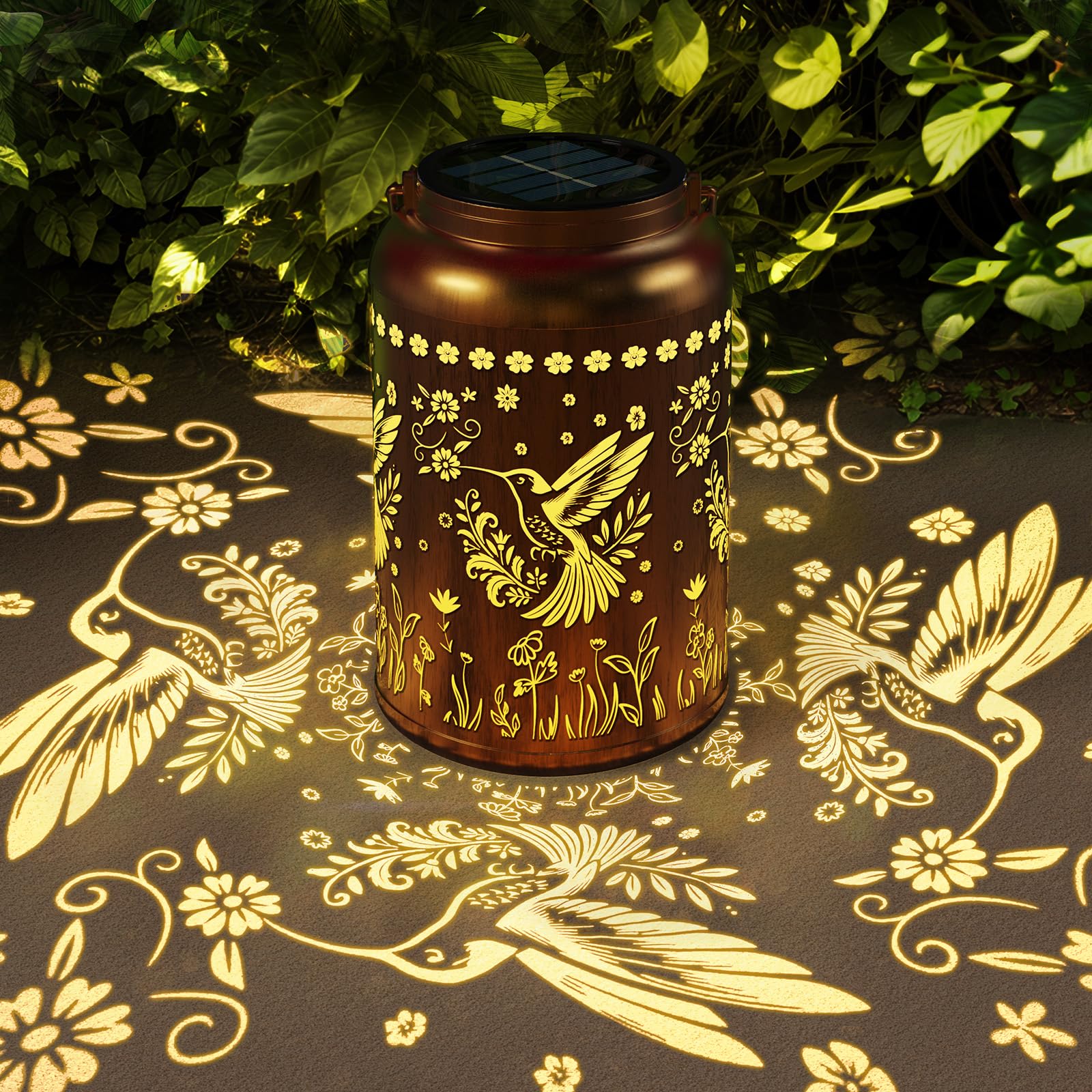 BlissWhisper solar lantern shows bronze openwork, casting a warm glow outdoors.