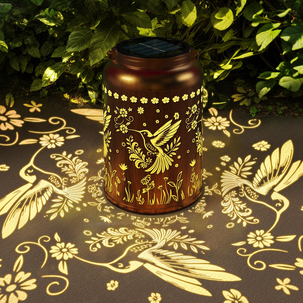 BlissWhisper solar lantern shows bronze openwork, casting a warm glow outdoors.