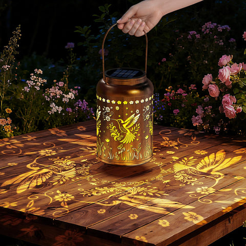 BlissWhisper solar lantern offers versatile placement on ground, table, or branch.