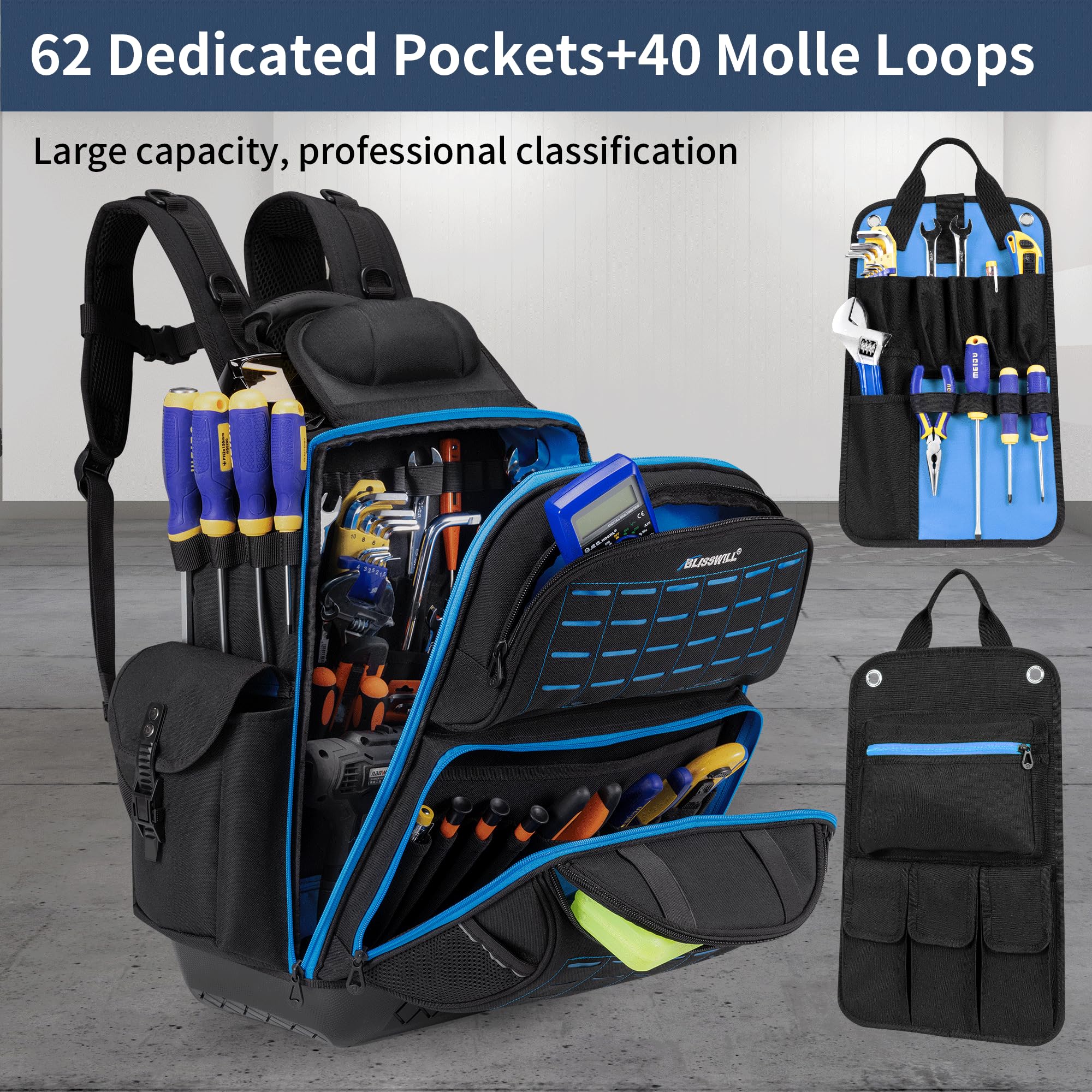 BLISSWILL toolbag features 62 pockets and 40 slots to stay organized