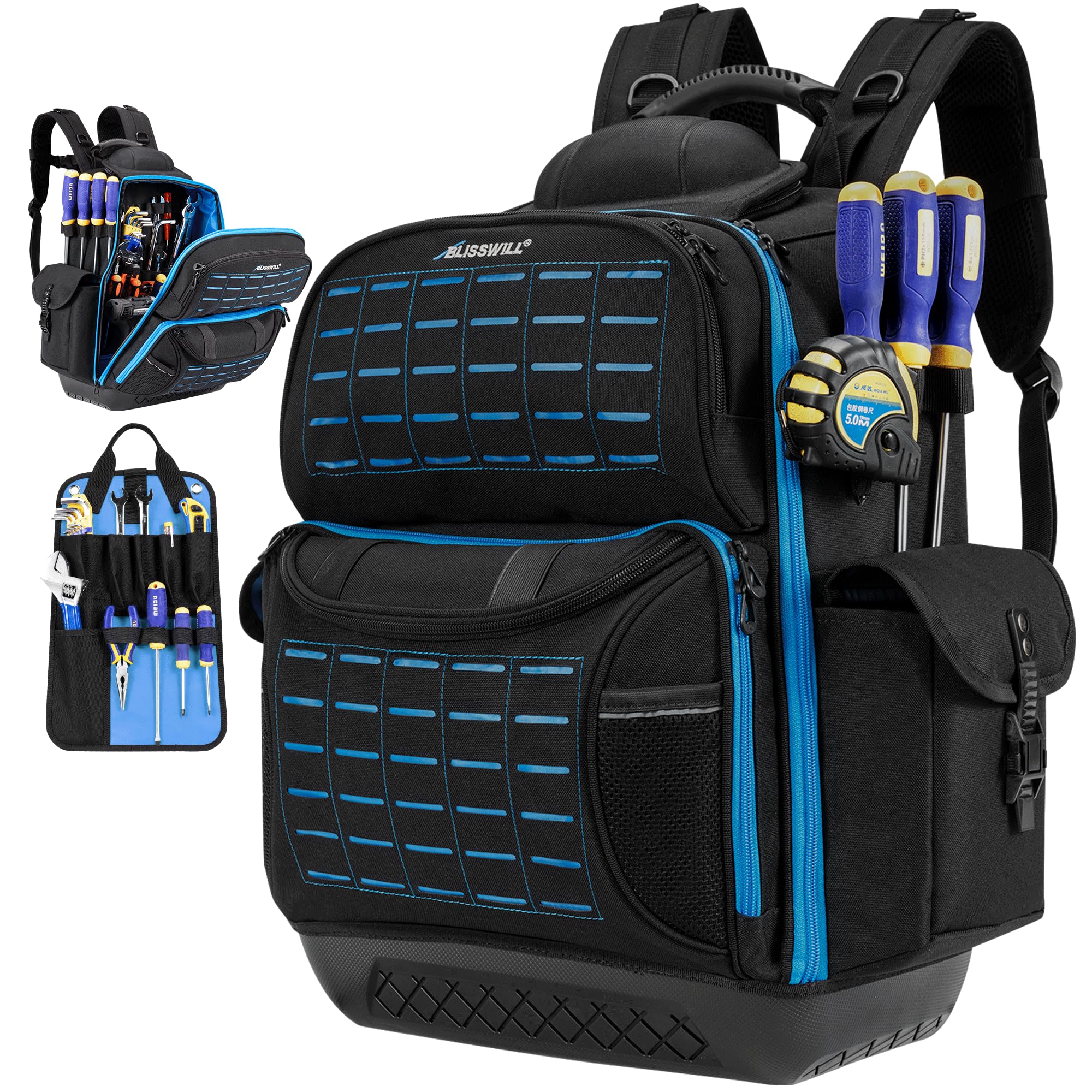 BLISSWILL toolbag backpack with molded base stands upright to protect tools