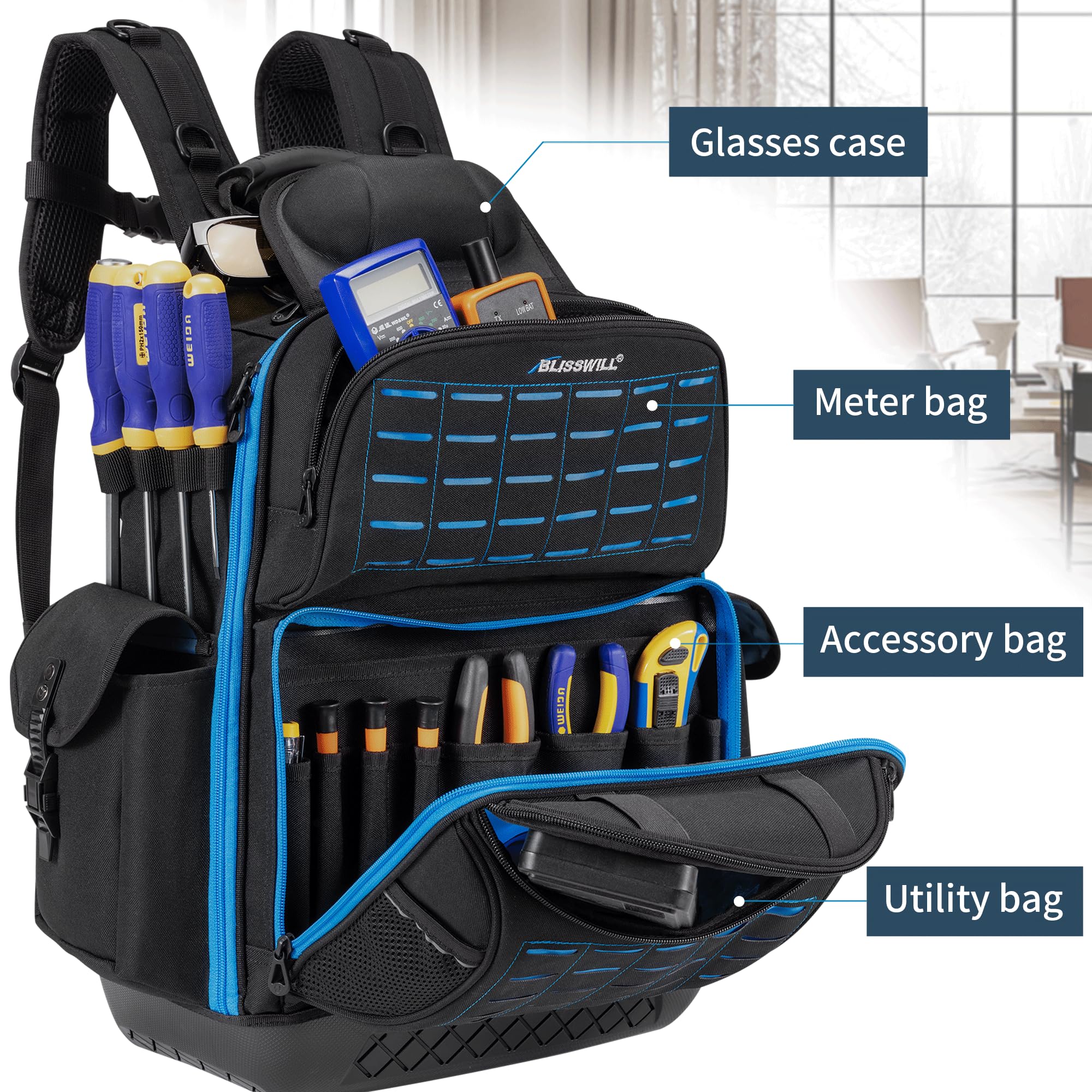 BLISSWILL toolbag backpack full-opening design for quick tool access