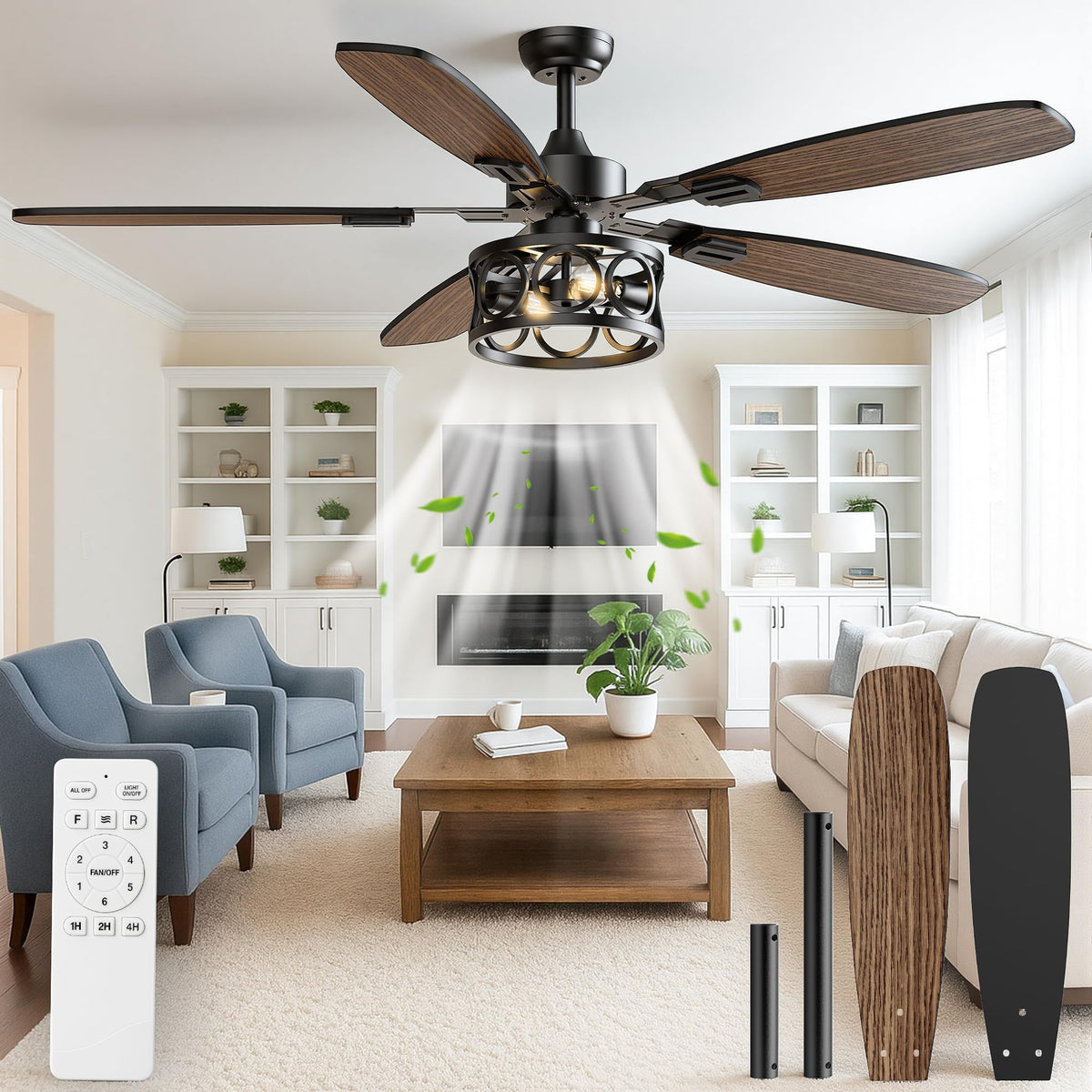 BLNAN 52-inch vintage caged ceiling fan with light, front view, boosts airflow in living rooms.