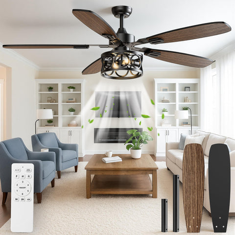 BLNAN 52-inch vintage caged ceiling fan with light, front view, boosts airflow in living rooms.