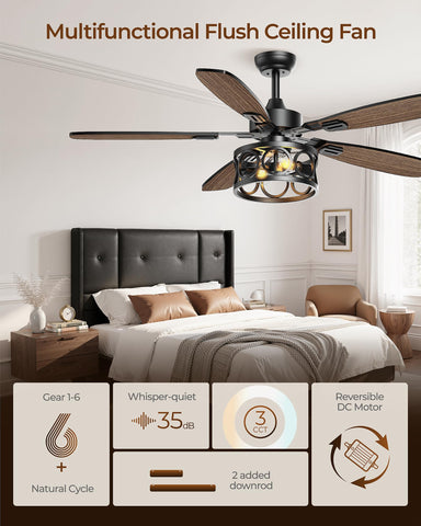 BLNAN 52-inch vintage caged ceiling fan, side view, whisper-quiet operation for bedrooms.