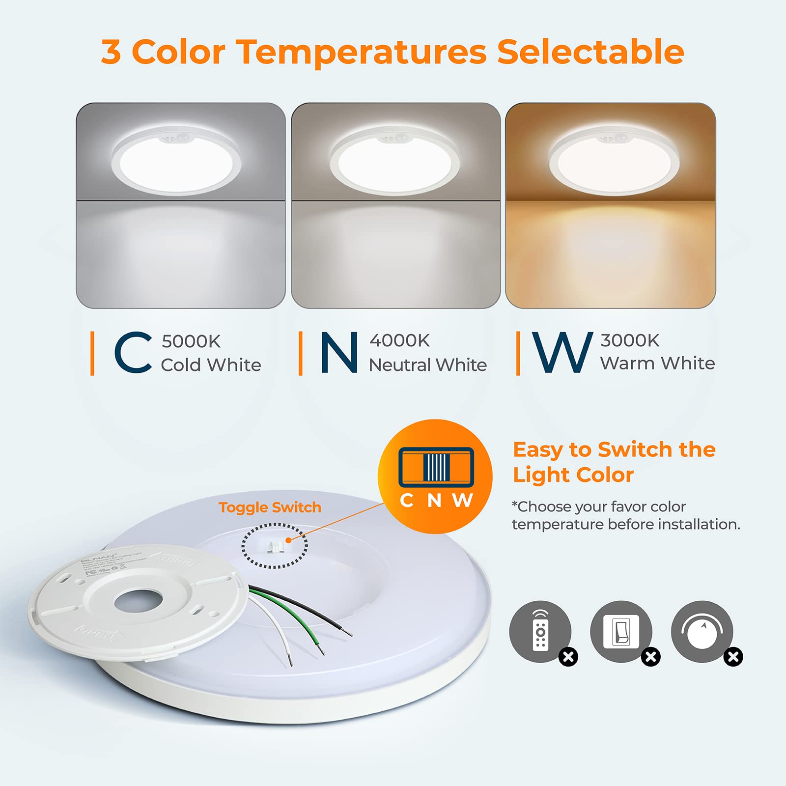 BLNAN ceiling light 3 color temperature switch demonstrates flexible mood lighting for different tasks.