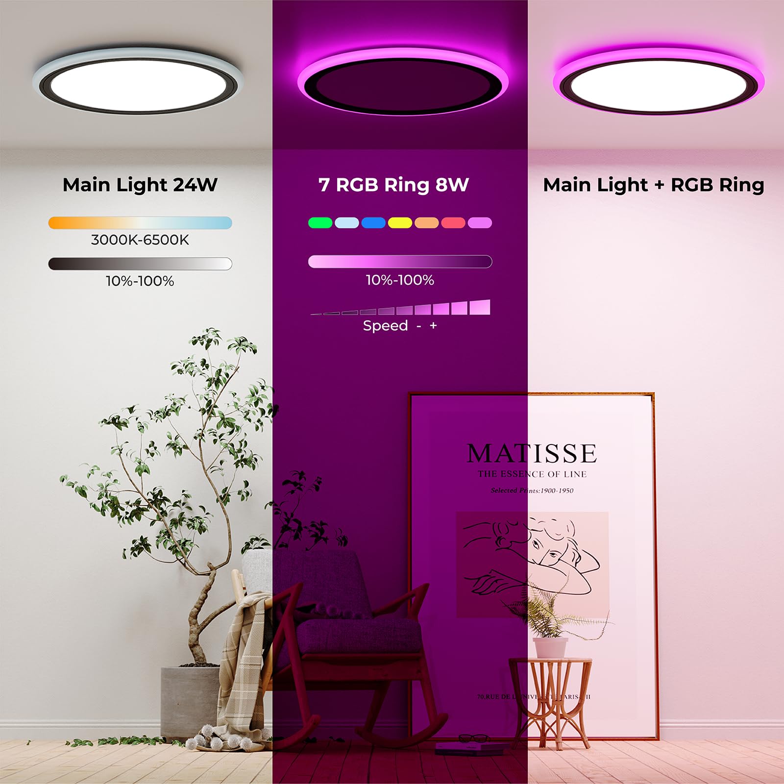 BLNAN center light demonstrates stepless dimming from warm to cool white.