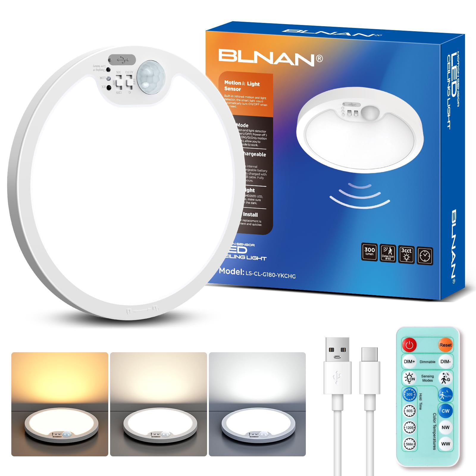 BLNAN motion-sensor ceiling light with remote enables hands-free illumination in closets and hallways.