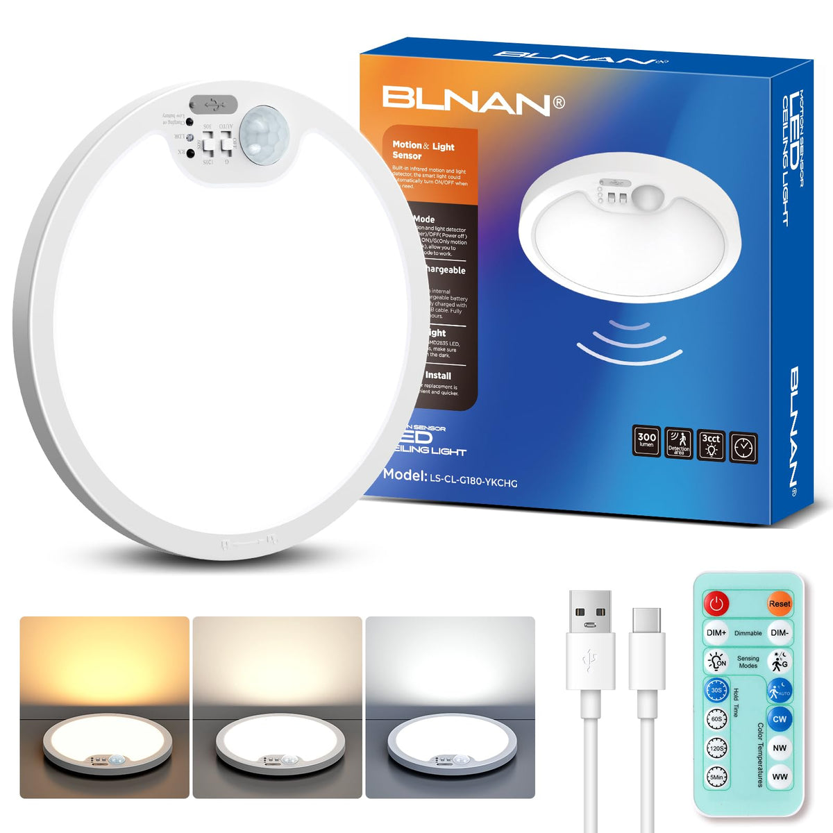 BLNAN motion-sensor ceiling light with remote enables hands-free illumination in closets and hallways.