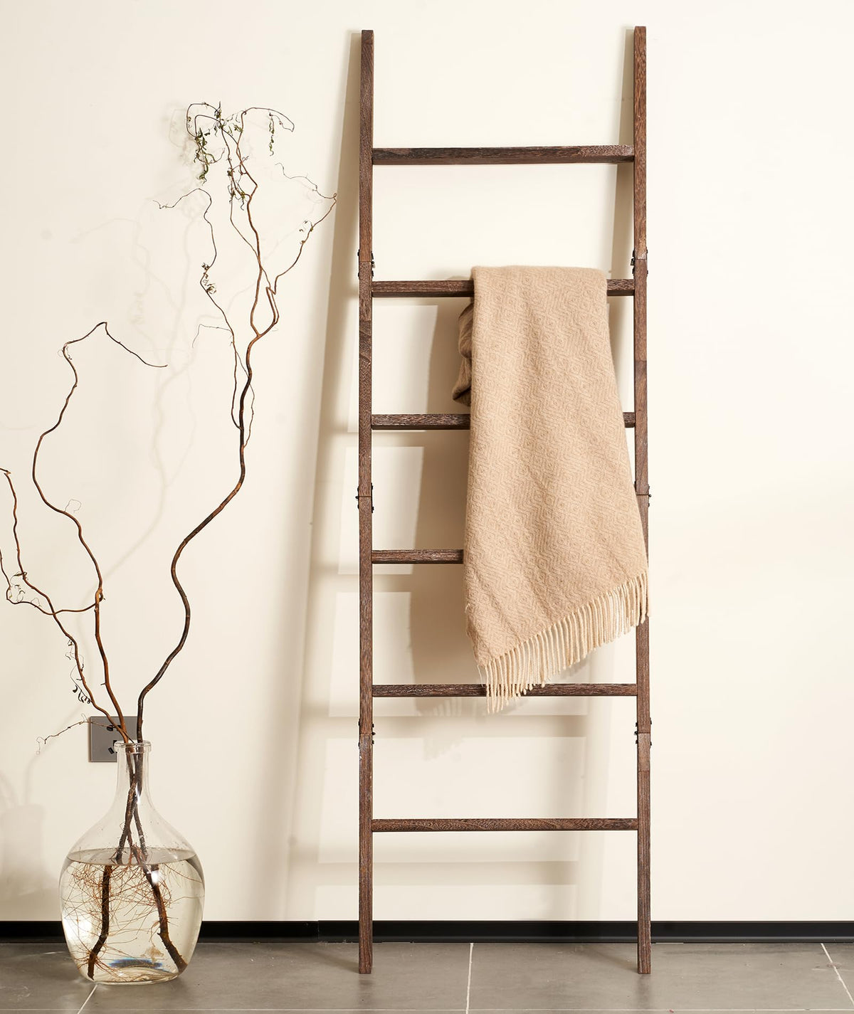 Blossome 6-tier wooden blanket ladder in washed brown for organized living room storage.