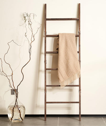 Blossome 6-tier wooden blanket ladder in washed brown for organized living room storage.