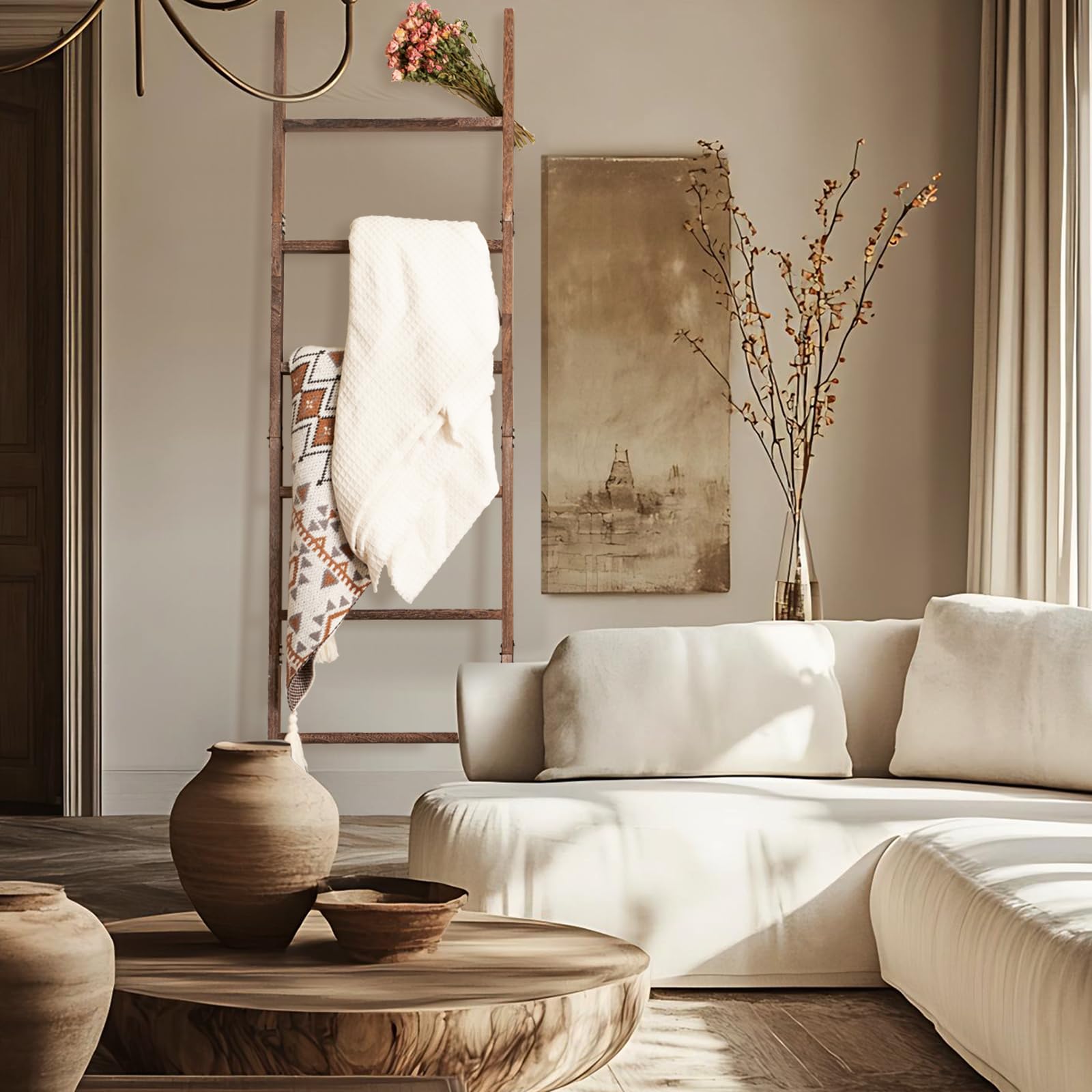 Blossome blanket ladder styled in a bedroom as decor and textile storage.