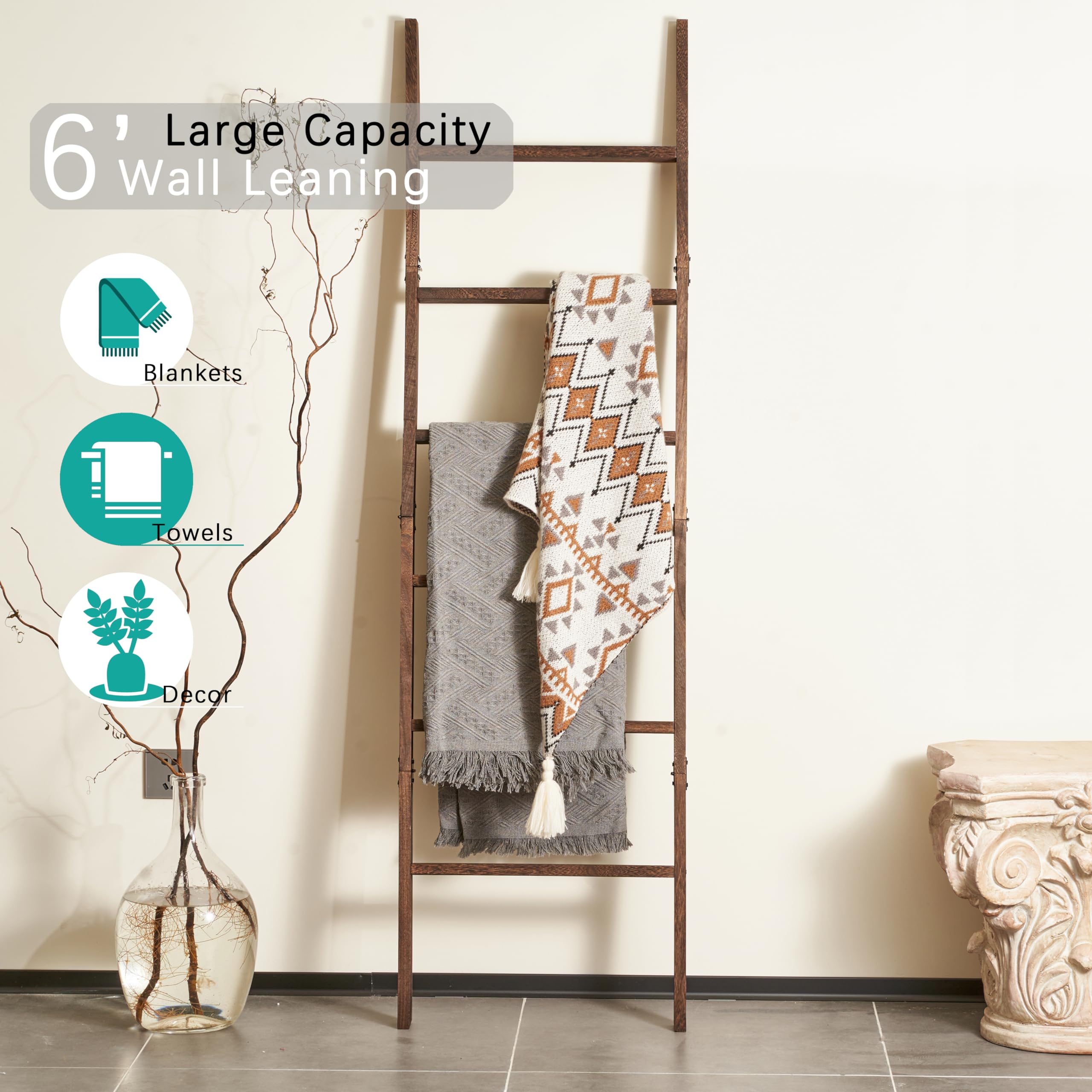 Blossome blanket ladder in living room offers stylish blanket organization.