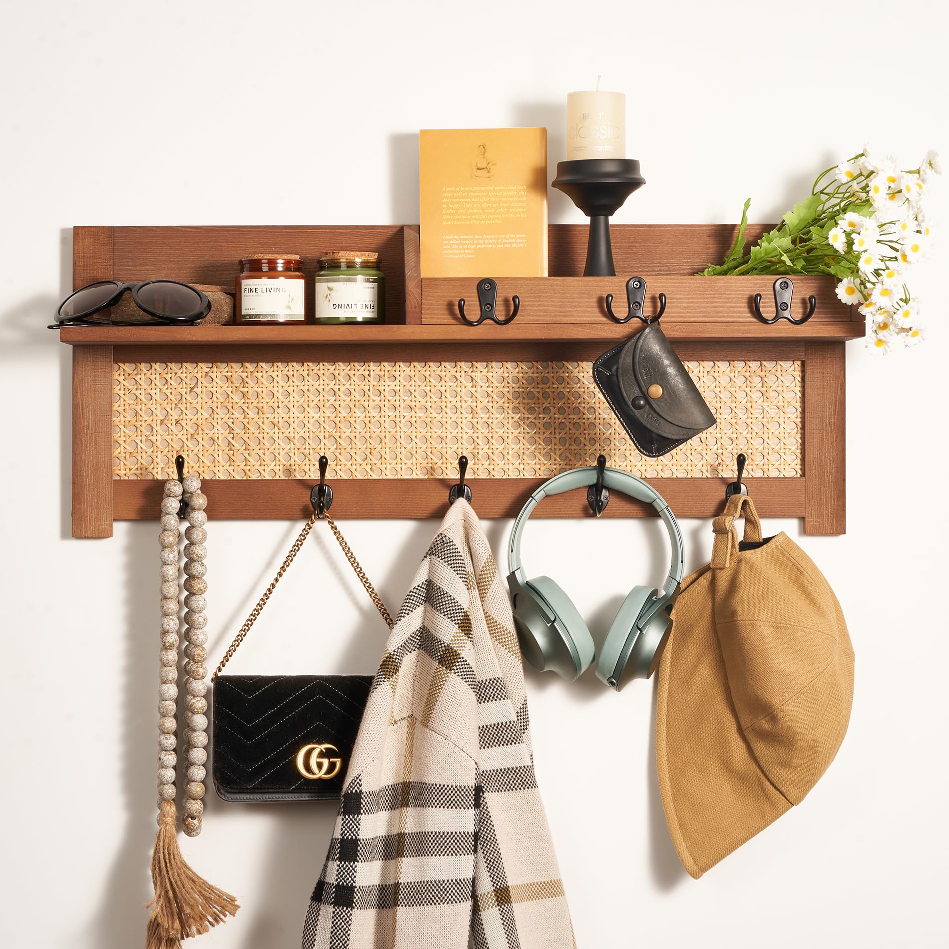 Blossome coat rack with rattan front panel adds stylish, airy organization to entryways.