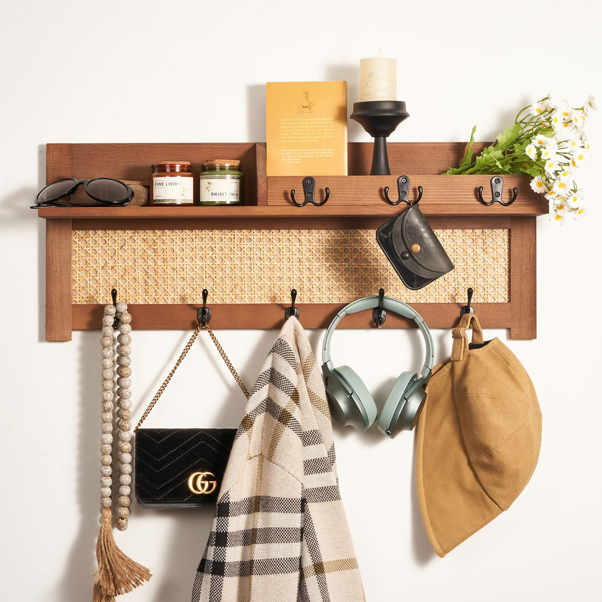 Blossome coat rack with rattan front panel adds stylish, airy organization to entryways.