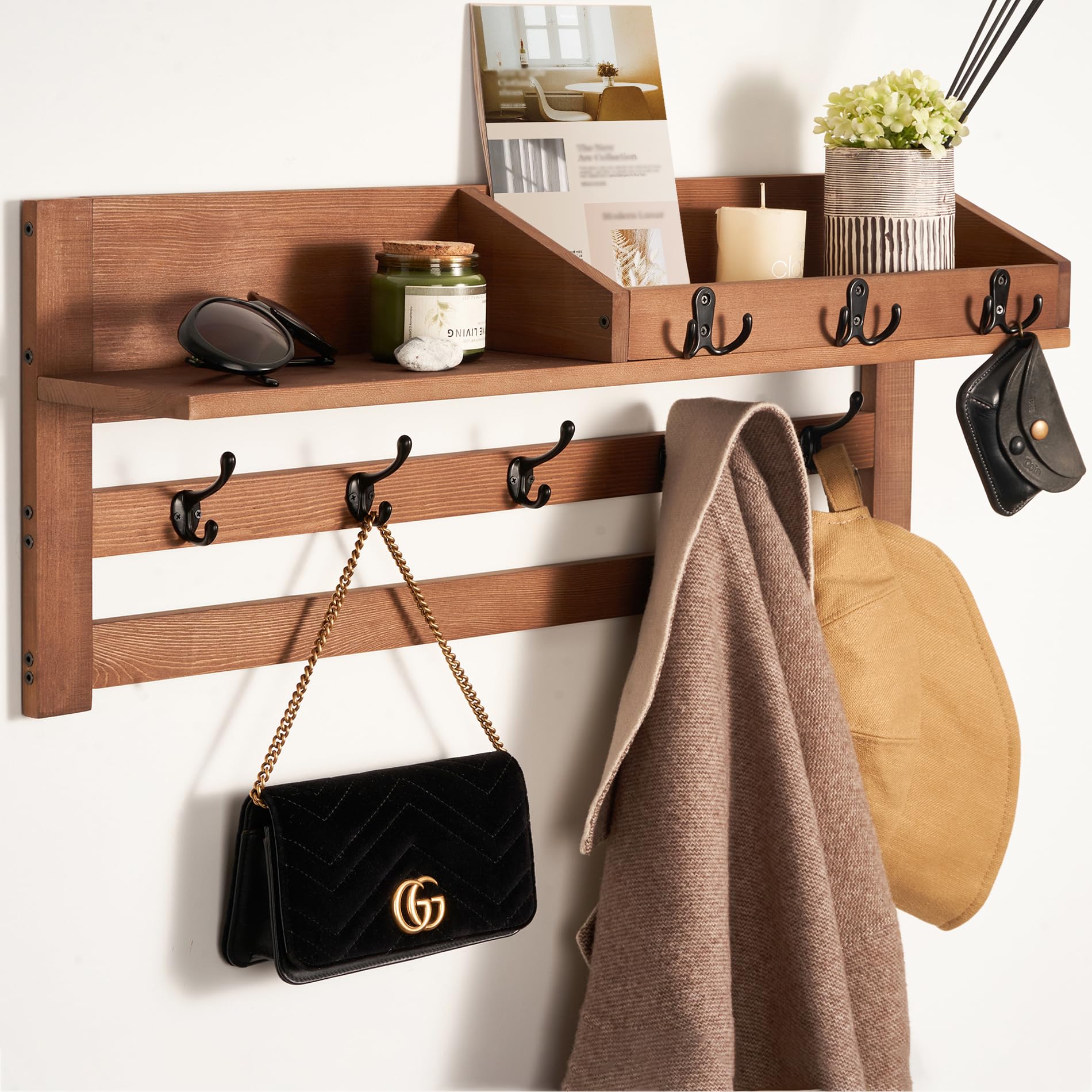 Blossome coat rack wall mount with shelf shows natural pine grain and durable finish.