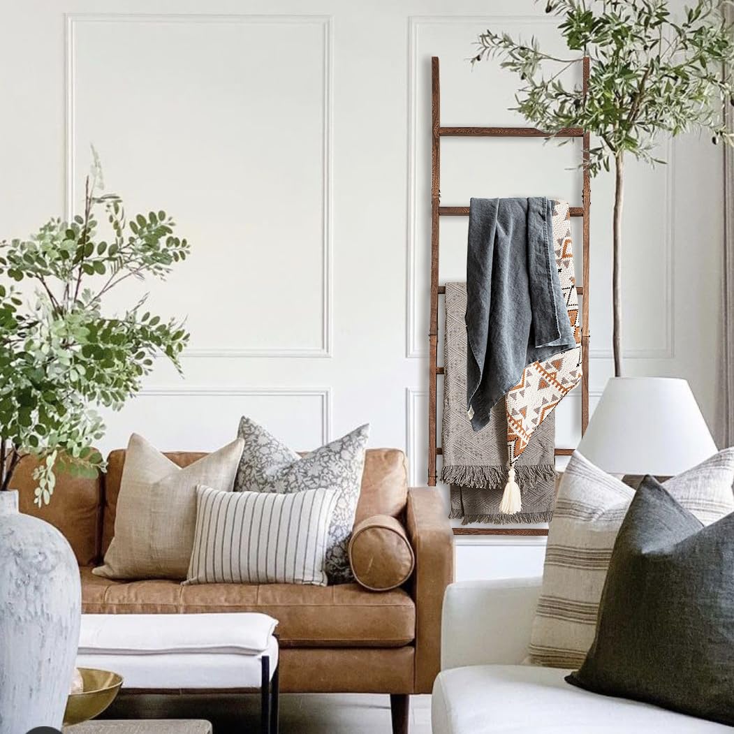 Blossome weathered-finish blanket ladder complements rustic and boho decor.