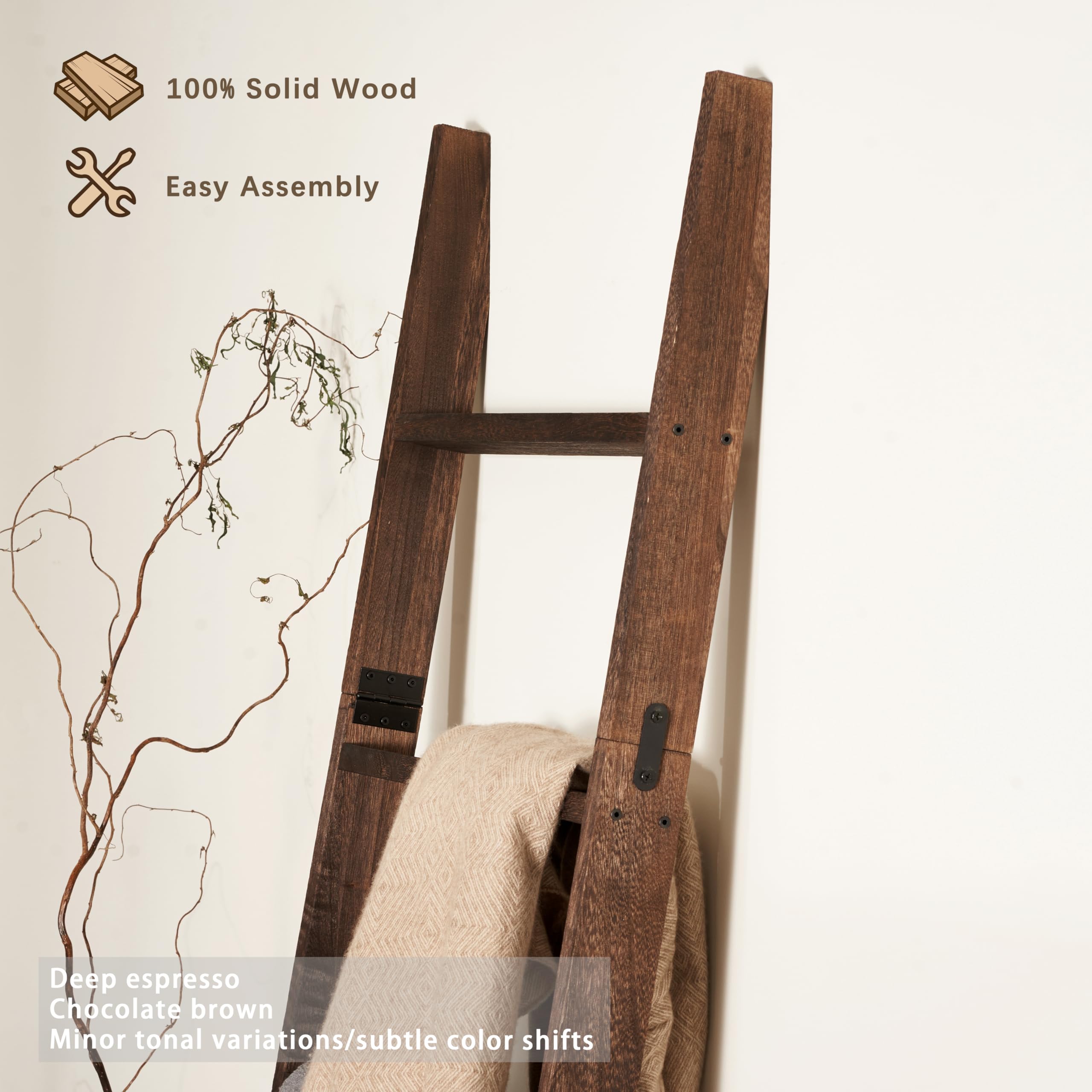 Blossome rustic blanket ladder in dark brown enhances farmhouse interiors.