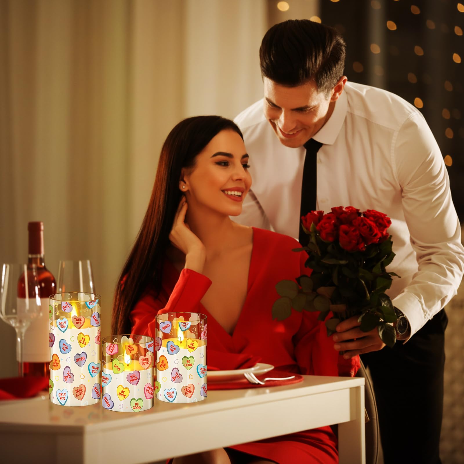 Blosssound glass Valentine's flameless candle set in a three-pack box