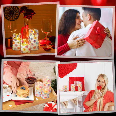 Blosssound mantel display with 4–6 inch heart candles creates soft focal points