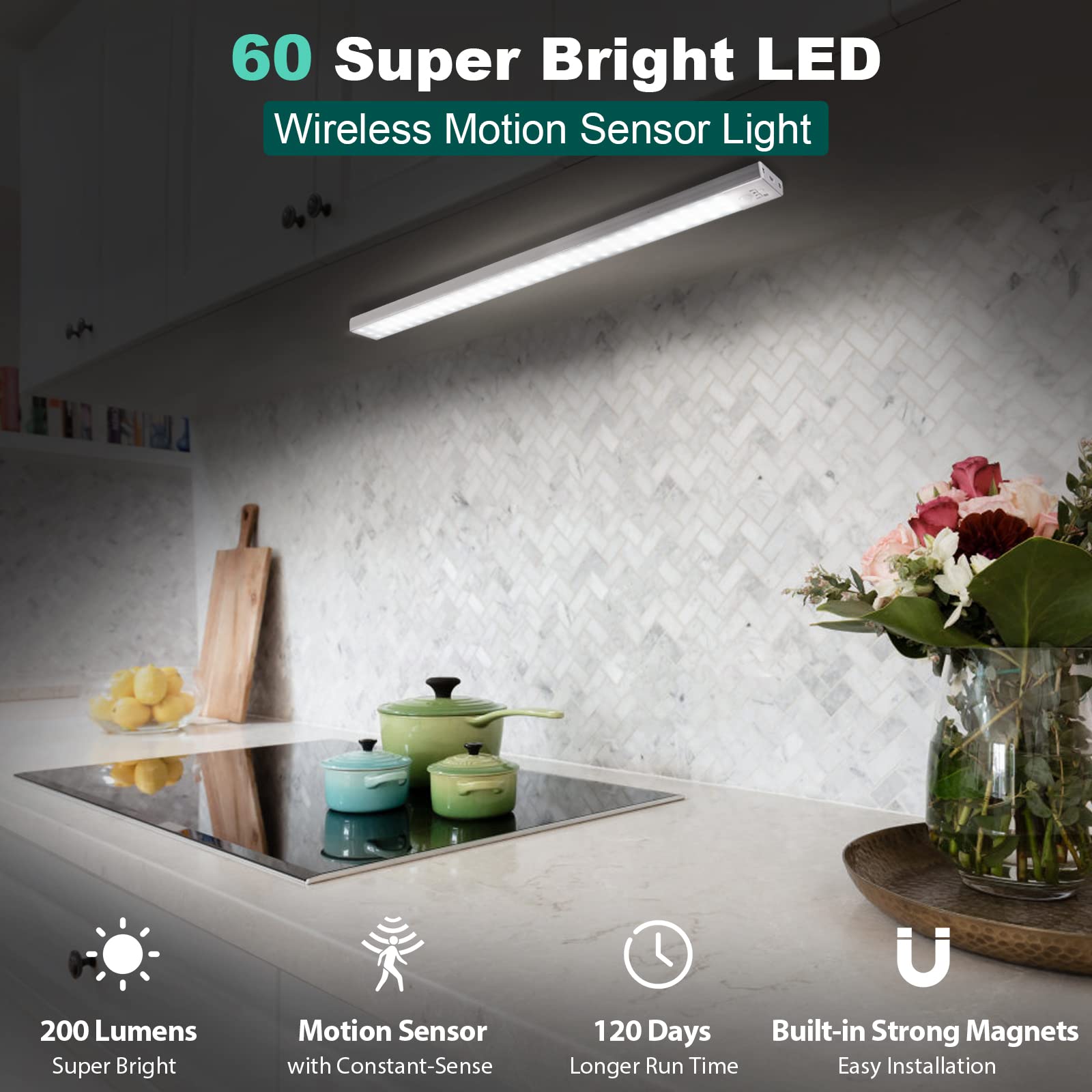 BLS 60-LED closet light, side view, even lighting along shelves.