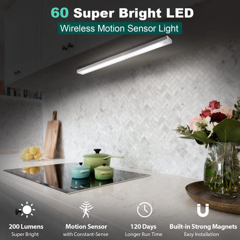 BLS 60-LED closet light, side view, even lighting along shelves.