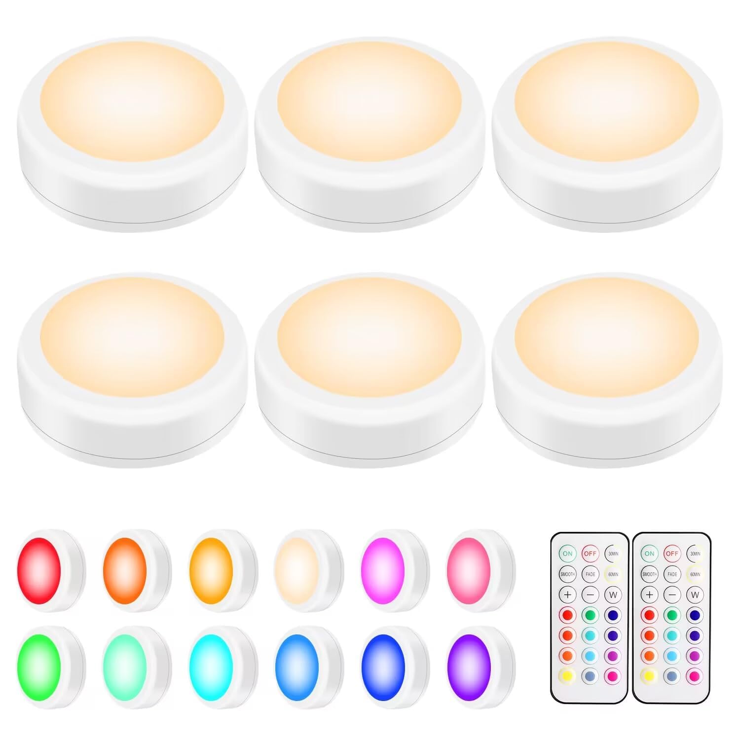 BLS LED puck light with remote illuminates a kitchen cabinet.