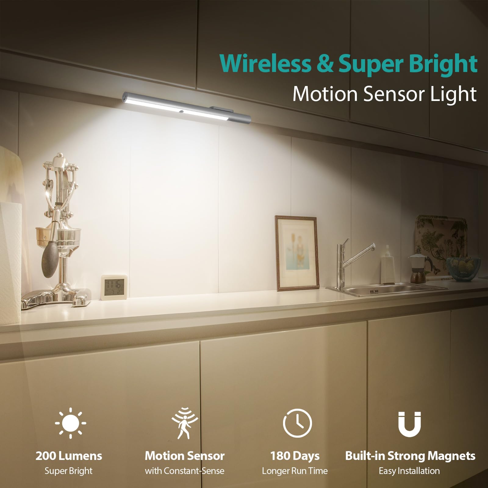 BLS T402 motion sensor activation demonstrates automatic lighting in dark cabinets.