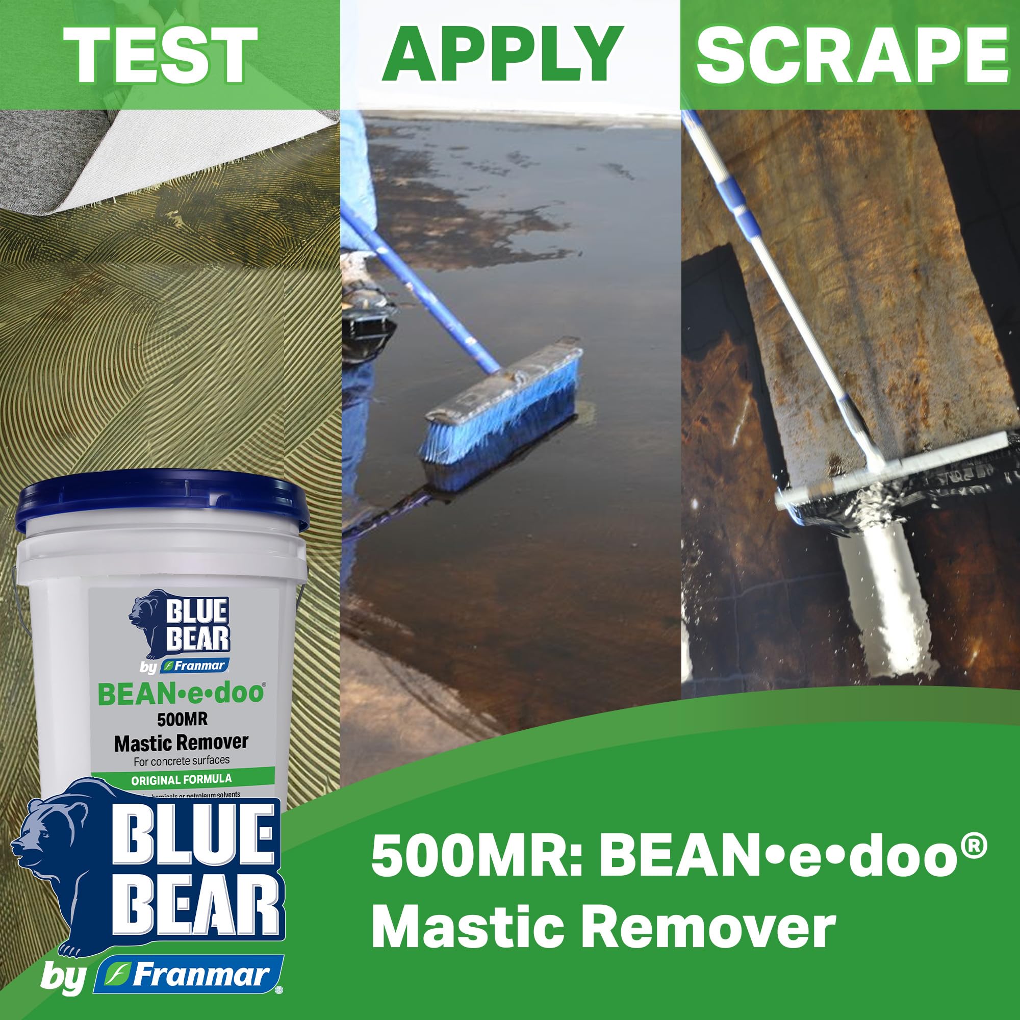 Blue Bear 500MR on aged residue on a concrete floor.