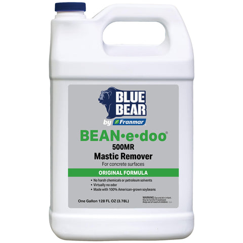Blue Bear 500MR Bean•e•doo Mastic Remover bottle displaying soy-based formula for tough mastics.