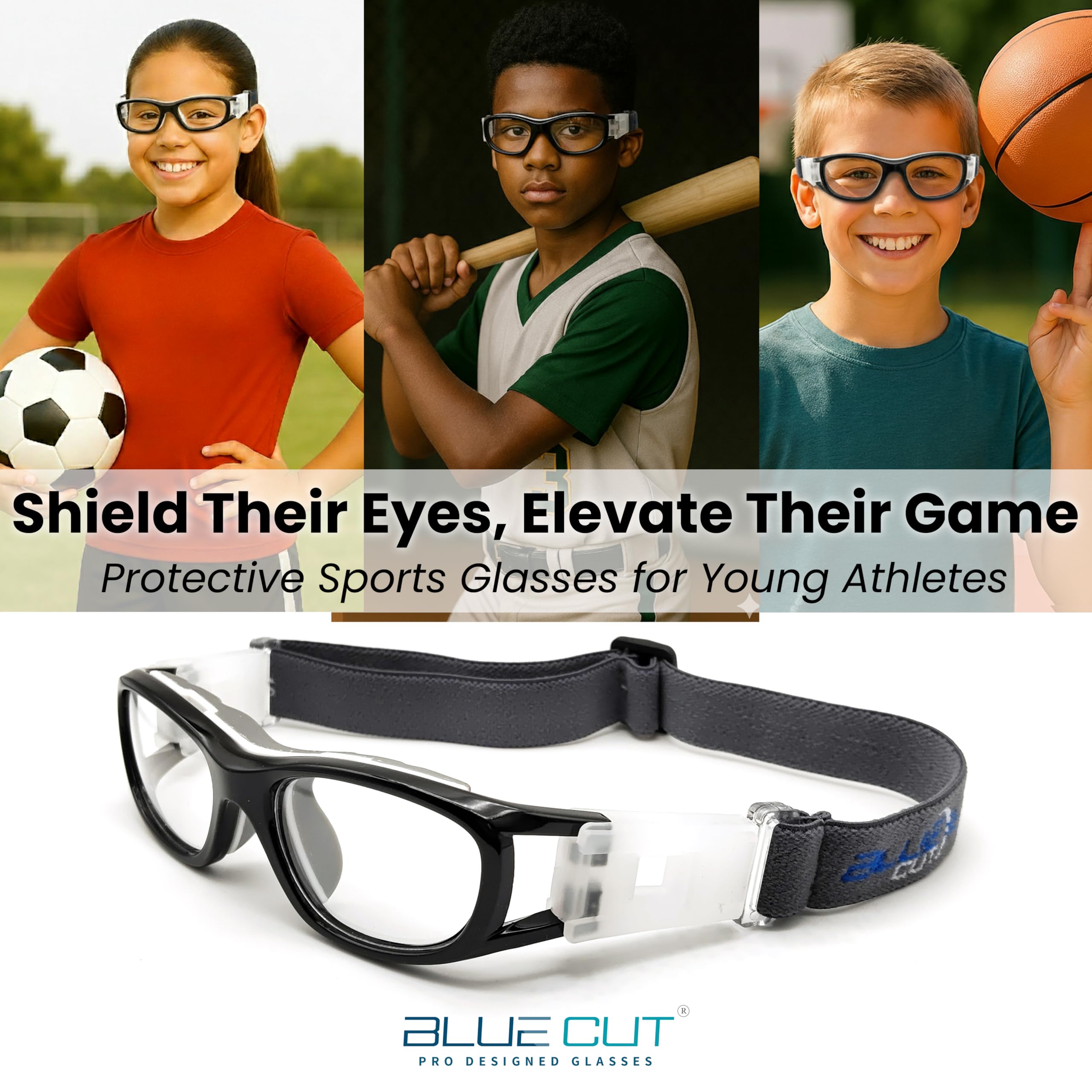 Blue Cut Kids Safety Goggles – side view showing an adjustable strap for a snug fit.
