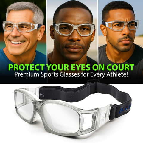 Blue Cut safety goggles side view showing adjustable strap for secure fit.
