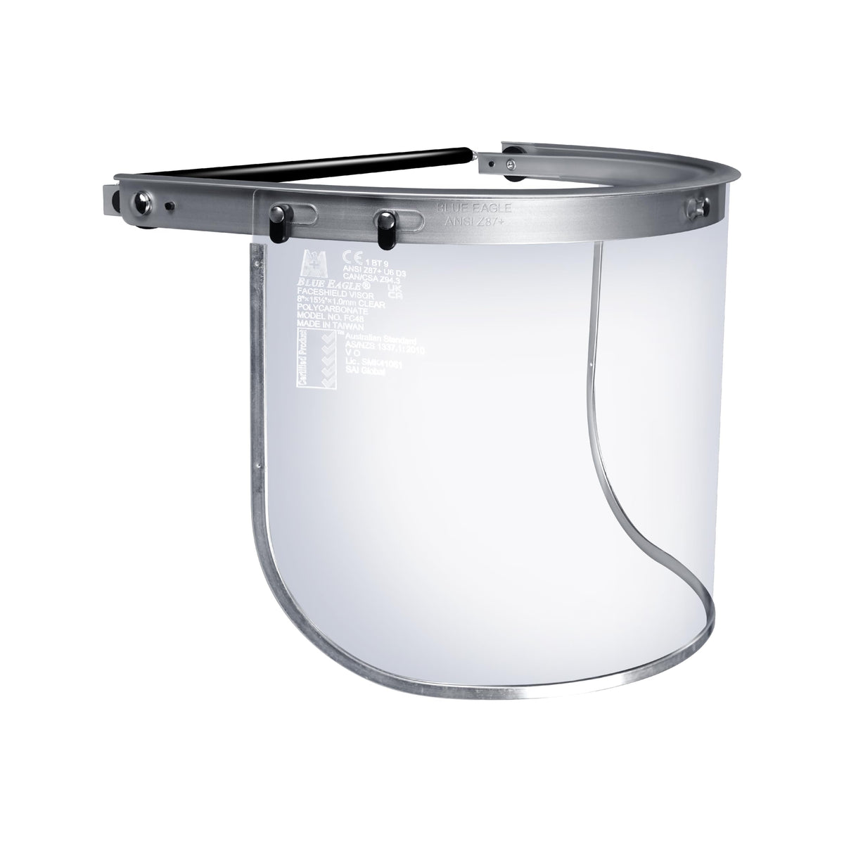 Blue Eagle face shield adapter for full-brim hats in silver with visor compatibility.
