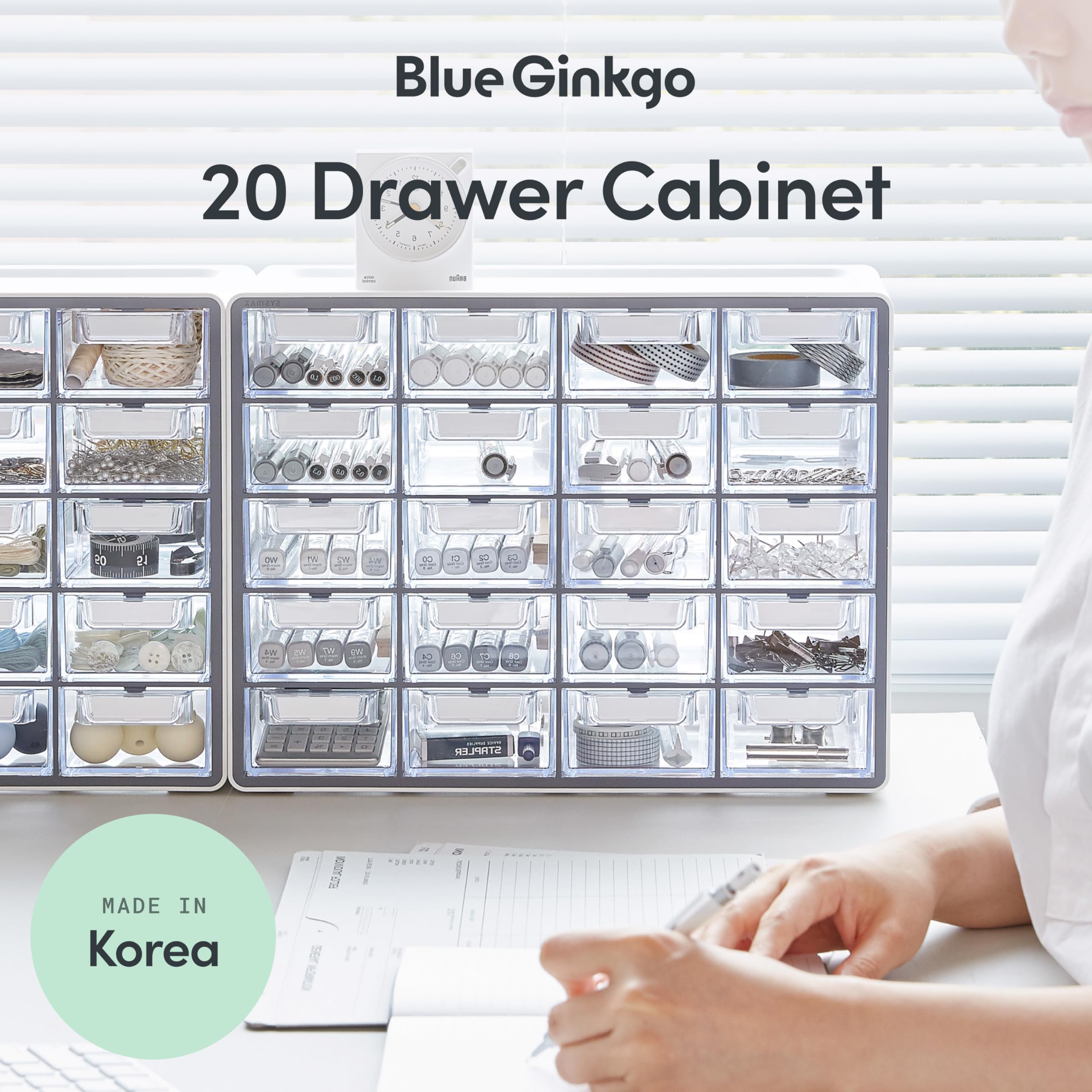Blue Ginkgo adjustable dividers in drawers enabling customized storage layouts.