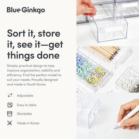 Blue Ginkgo beads and craft storage kept organized and accessible.