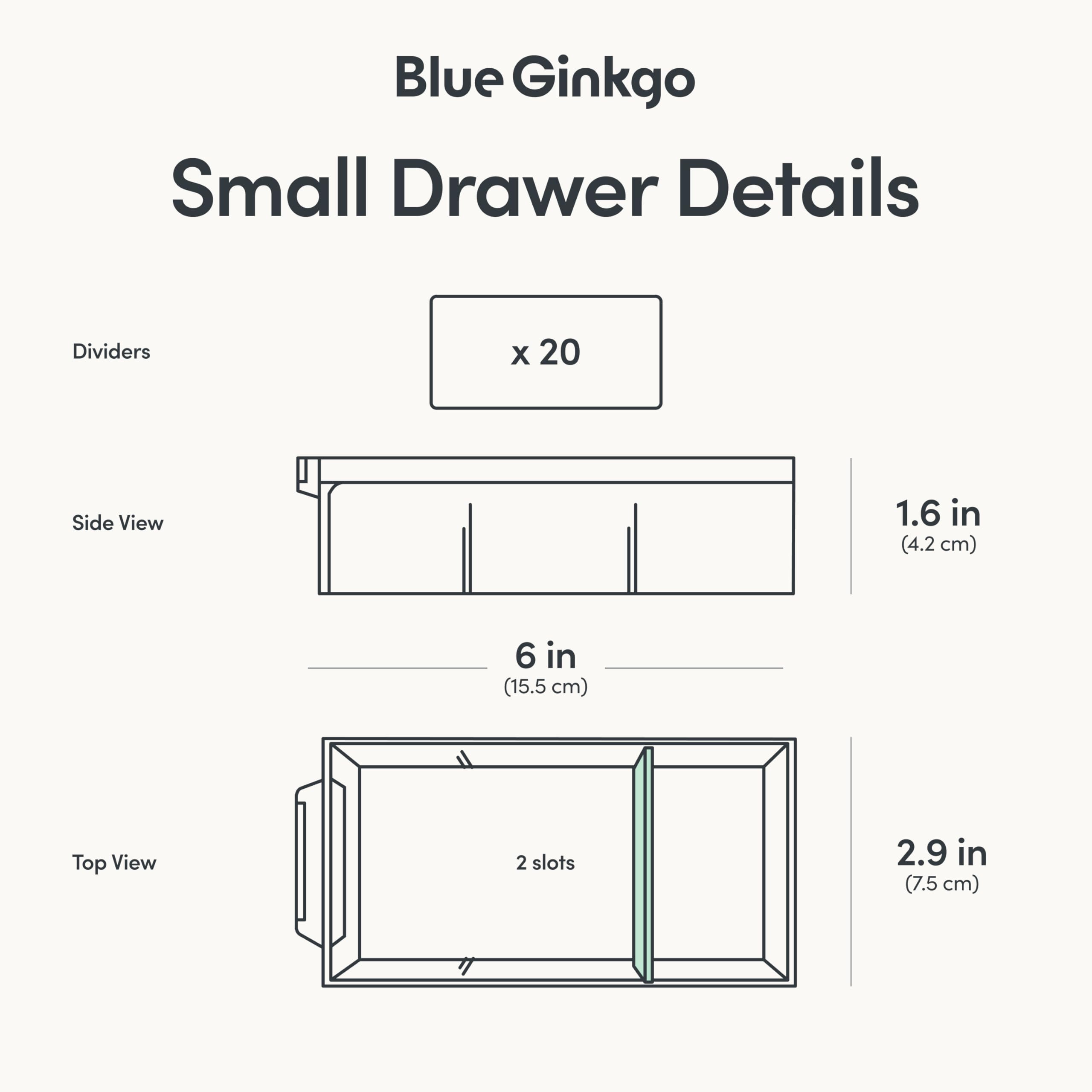 Blue Ginkgo front labels on drawers for quick content identification.