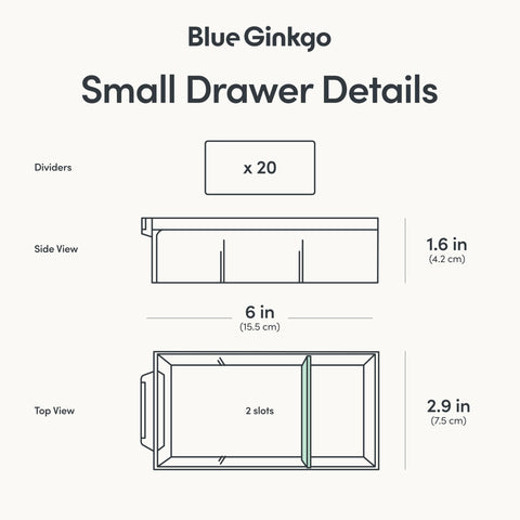 Blue Ginkgo front labels on drawers for quick content identification.