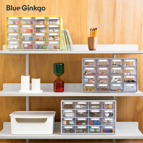 Blue Ginkgo transparent drawers showing contents for beadwork and hardware