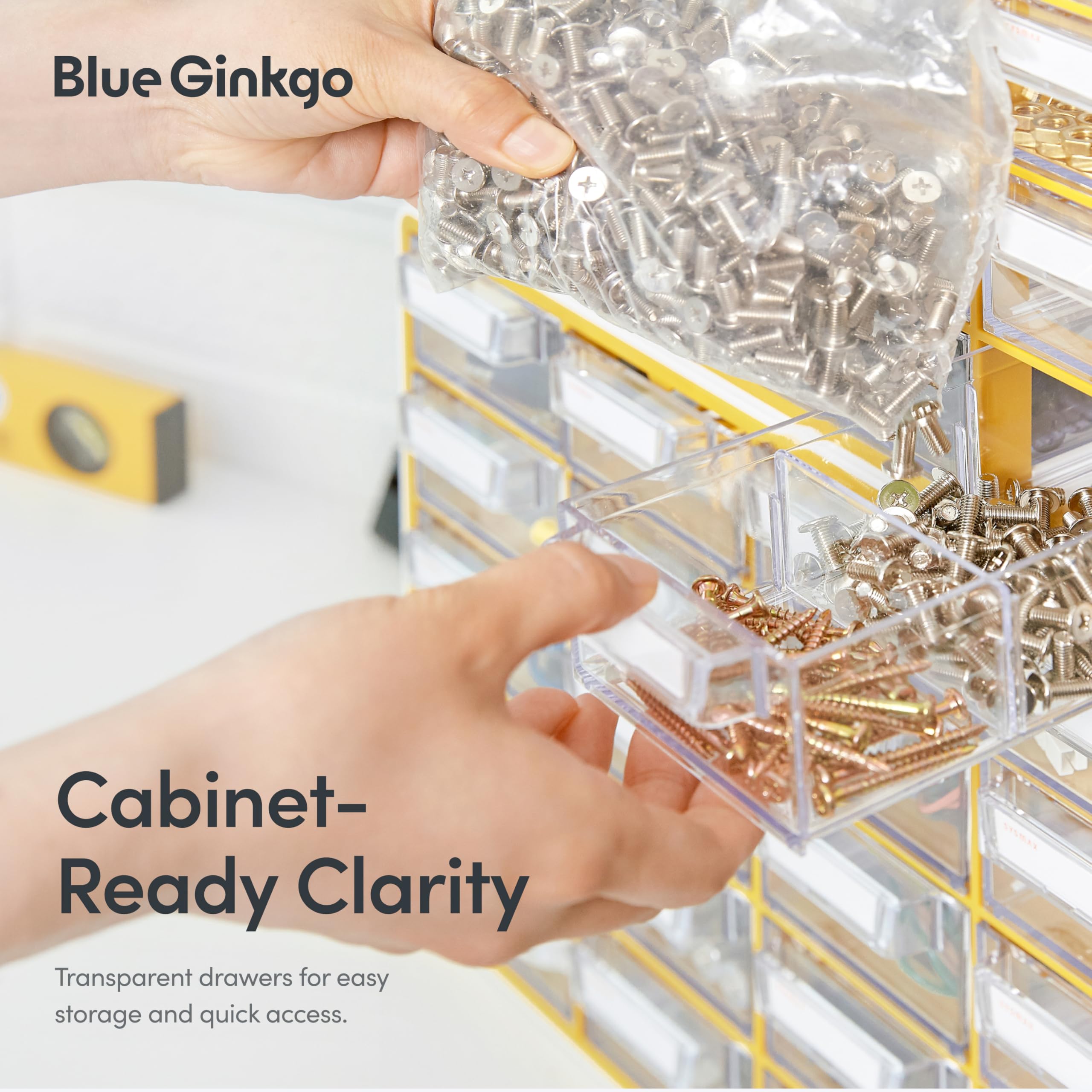 Blue Ginkgo transparent drawers offer clear visibility for fast item selection.