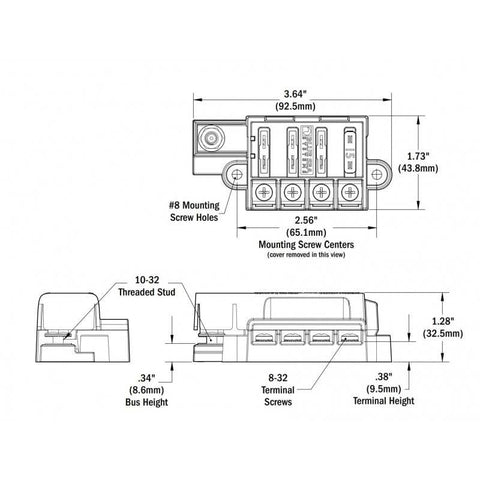 Blue Sea Systems 5045 ST fuse block terminal feed-through layout for compact power distribution.