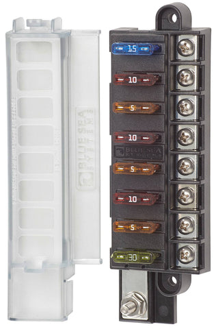 Blue Sea Systems fuse block with side terminals simplifies panel wiring.